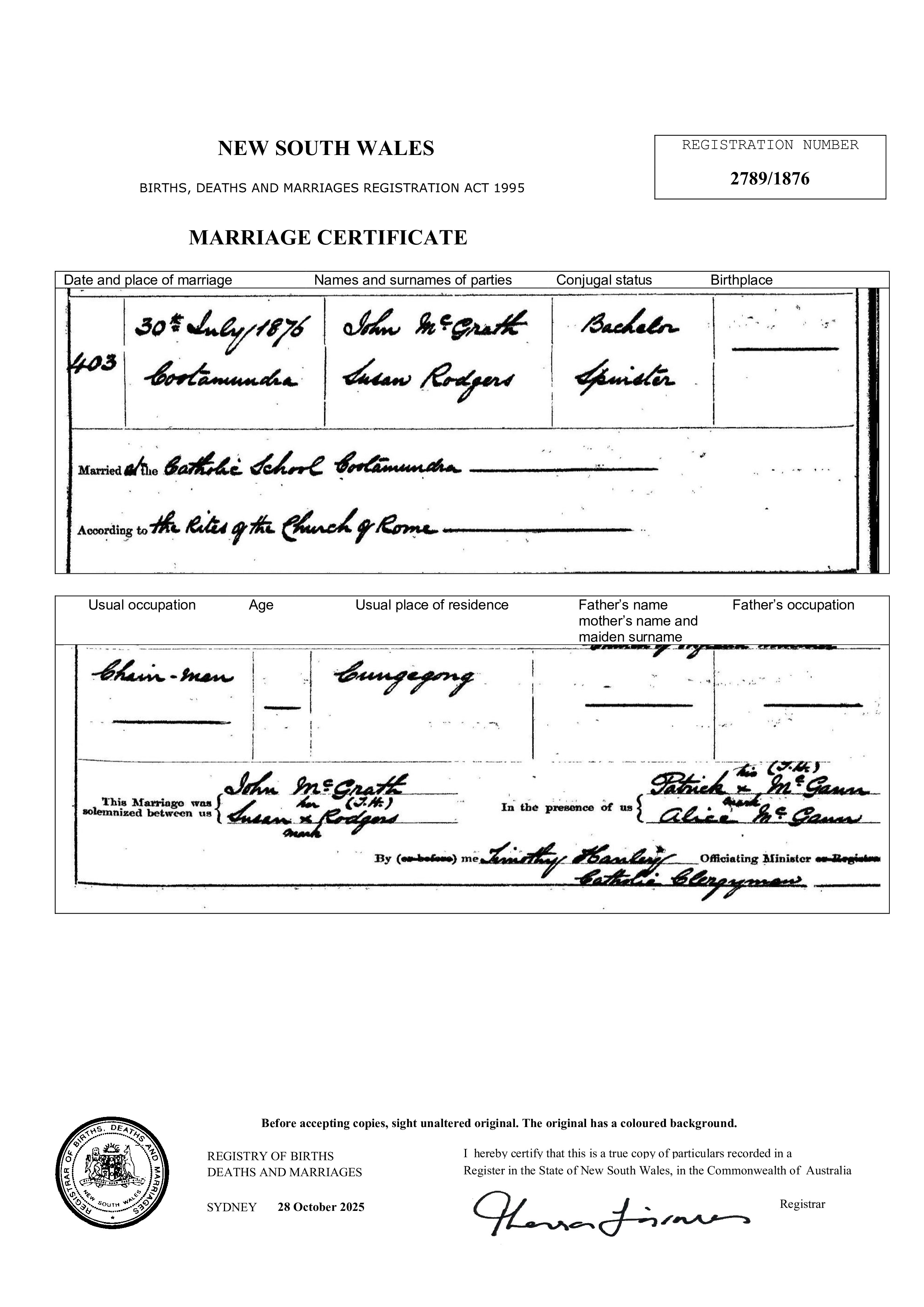 Marriage Certificate - John McGrath & Susan Rodgers